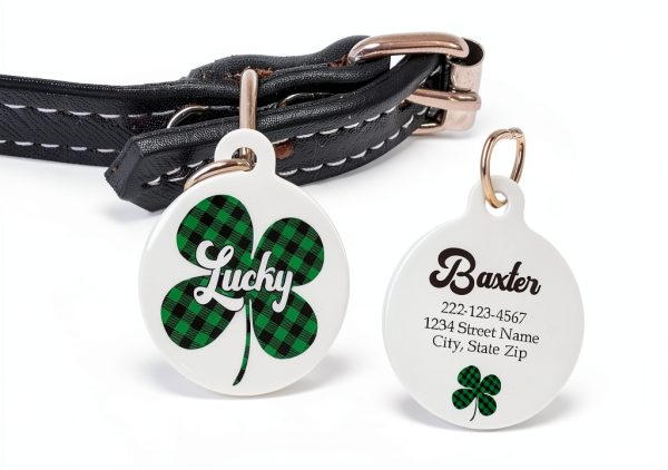 Plaid Shamrock Pet Id Tag Retro Charm for Cats & Dogs – Green Generic-1