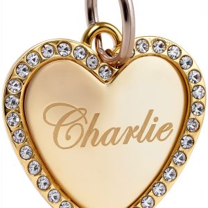Custom Engraved Personalized Gold-Plated Medium Heart Rhinestones Pet Jewelry ID Tag for Casual Use-0