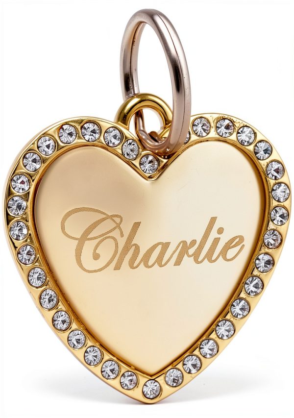 Custom Engraved Personalized Gold-Plated Medium Heart Rhinestones Pet Jewelry ID Tag for Casual Use-0