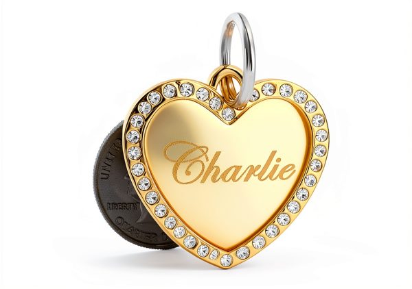 Custom Engraved Personalized Gold-Plated Medium Heart Rhinestones Pet Jewelry ID Tag for Casual Use-2